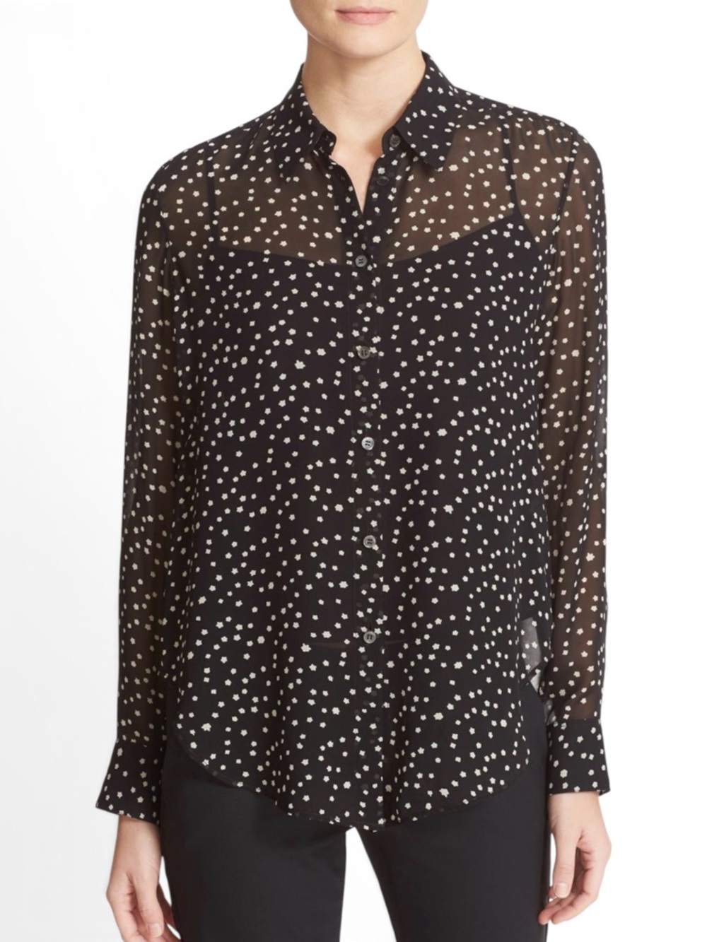 Theory Sunaya Silk Starry Sky Blouse Black Ivory Semi-Sheer Small Retail $325